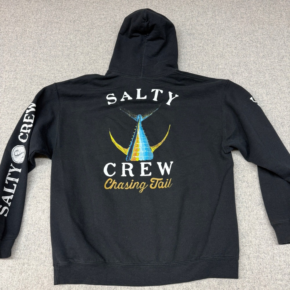 Salty Crew Hoodie Large Black Chasing Tail Fishing Graphic Sleeve Print Pullover